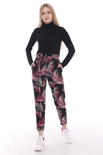 Beli Lastikli Kuşak Bağlamalı Cepli Havuç Model Siyah Pantolon 