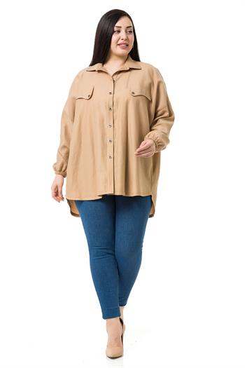 Büyük Beden Asimetrik Kesim Uzun Kollu Kapalı Cepli Vizon Gömlek 