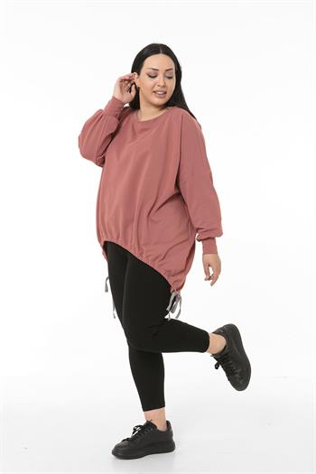 Büyük Beden Asimetrik Kesim Bağcık Detaylı Yarım Kollu Pembe Sweatshirt