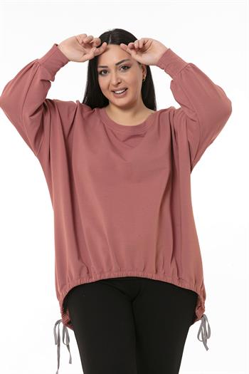 Büyük Beden Asimetrik Kesim Bağcık Detaylı Yarım Kollu Pembe Sweatshirt
