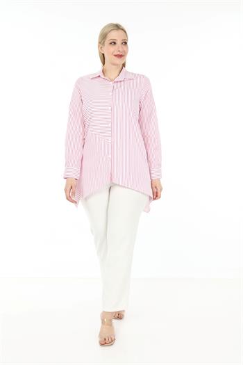 Büyük Beden Asimetrik Kesim Arkası Düğme Detaylı Uzun Kollu Fuşya Gömlek 