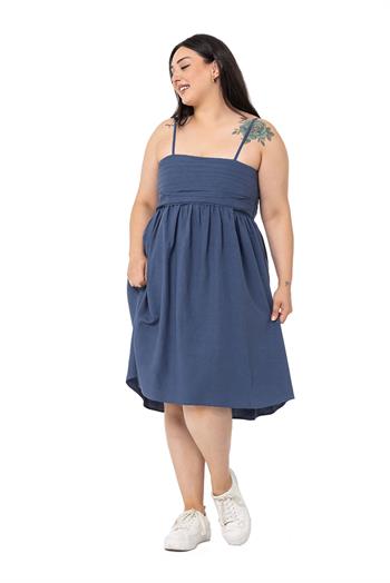 Büyük Beden Ayarlı İp Askılı Sırtı Gipeli Göğsü Katlama Detaylı İndigo Elbise