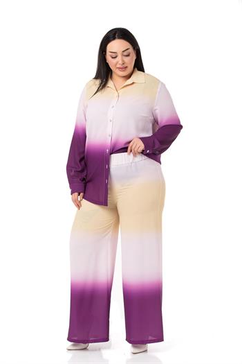 Büyük Beden Batik Desenli Gömlek Pantolon Mor İkili Takım