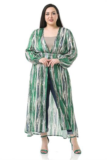 Büyük Beden Beli Gipeli ve Düğmeli Maksi Boy Uzun Kollu Yeşil Kimono