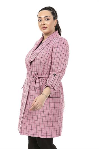 Büyük Beden Beli Kuşaklı Tek Düğme Kapamalı  Cepli Pembe Ceket