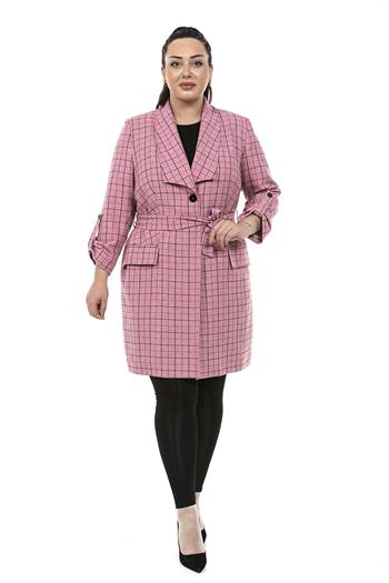Büyük Beden Beli Kuşaklı Tek Düğme Kapamalı  Cepli Pembe Ceket