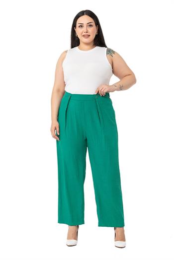 Büyük Beden Beli Lastikli Önden Düğme Detaylı Arkası Cepli Geniş Paça Yeşil Pantolon
