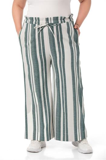 Büyük Beden Beli Lastikli ve Bağcıklı Geniş Paça Krem Yeşil Pantolon