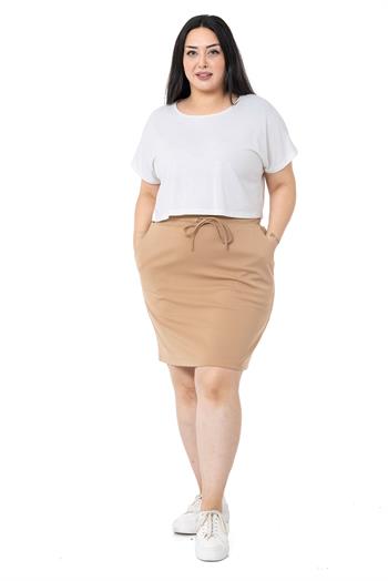 TEK KALANLARBüyük Beden Beli Lastikli ve Bağcıklı Cepli Mini Vizon EtekDISENTIS MODESTBüyük Beden Beli Lastikli ve Bağcıklı Cepli Mini Vizon Etek