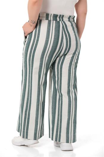 Büyük Beden Beli Lastikli ve Bağcıklı Geniş Paça Krem Yeşil Pantolon