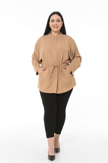 Büyük Beden Beli Tünelli Cepli Sıfır Yaka Vizon Gömlek