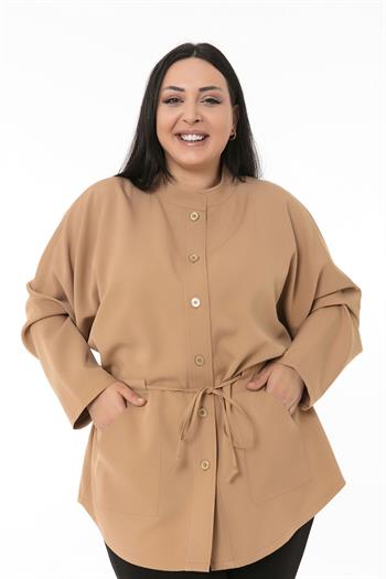 Büyük Beden Beli Tünelli Cepli Sıfır Yaka Vizon Gömlek