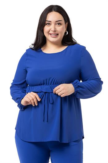 Büyük Beden Beli Tünelli Uzun Kollu Tensel Kumaş Saks Mavisi Bluz