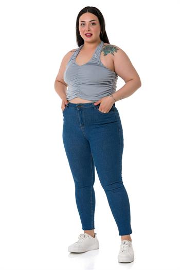 Büyük Beden Boyundan Bağlamalı V Yakalı Astarlı Crop Gri Body 