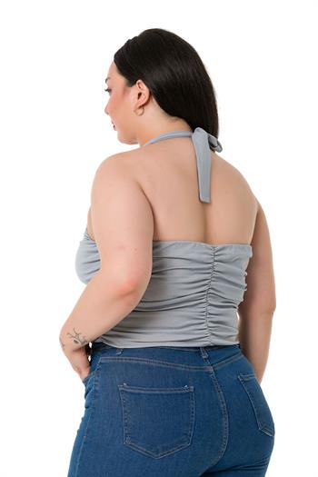 Büyük Beden Boyundan Bağlamalı V Yakalı Astarlı Crop Gri Body 