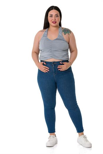 Büyük Beden Boyundan Bağlamalı V Yakalı Astarlı Crop Gri Body 