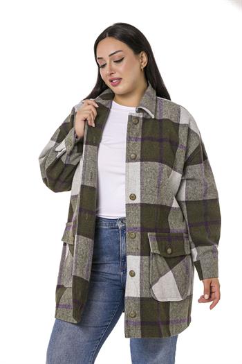 Büyük Beden Cep Süslemeli Oversize Oduncu Model Yeşil Gömlek