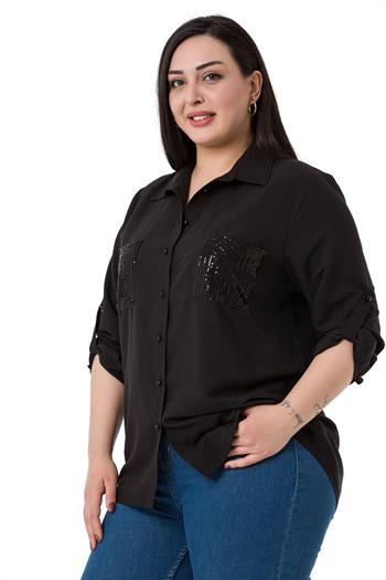 Büyük Beden Cepleri Pul Payet İşlemeli Katlanır Uzun Kollu Tensel Kumaş Siyah Gömlek