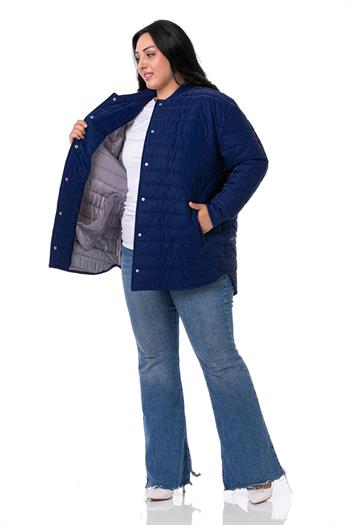 Büyük Beden Cepli Çıt Çıt Kapamalı Astarlı Kapitone Lacivert Mont