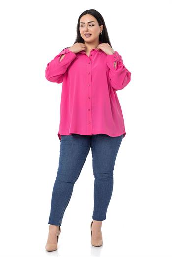 Büyük Beden Cepsiz Model Uzun Kollu Saten Fuşya Gömlek