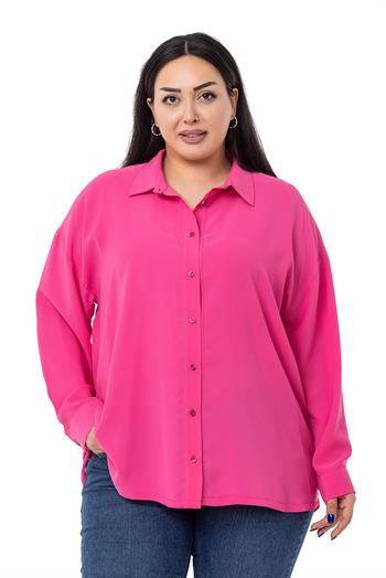 Büyük Beden Cepsiz Model Uzun Kollu Saten Fuşya Gömlek