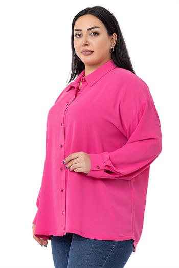 Büyük Beden Cepsiz Model Uzun Kollu Saten Fuşya Gömlek