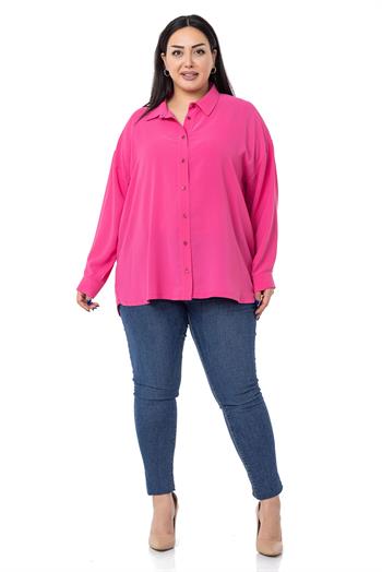 Büyük Beden Cepsiz Model Uzun Kollu Saten Fuşya Gömlek
