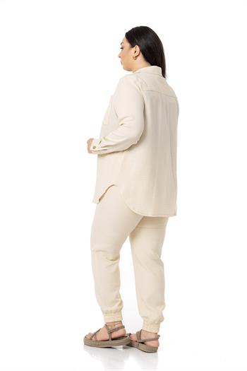Büyük Beden Çift Cepli Uzun Kollu Gömlek Beli Lastikli Cepli Pantolon Bej Takım