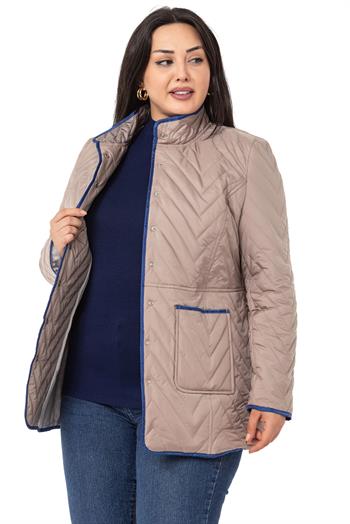 Büyük Beden Dik Yaka Çıt Çıt Kapamalı Kapitone Bej Mont