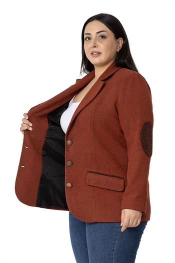 Büyük Beden Dirsekleri Yama Süslemeli Düğme Detaylı Astarlı Blazer Tarçın Ceket