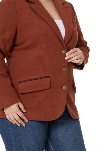 Büyük Beden Dirsekleri Yama Süslemeli Düğme Detaylı Astarlı Blazer Tarçın Ceket