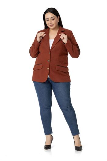 Büyük Beden Dirsekleri Yama Süslemeli Düğme Detaylı Astarlı Blazer Tarçın Ceket
