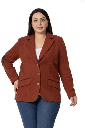 Büyük Beden Dirsekleri Yama Süslemeli Düğme Detaylı Astarlı Blazer Tarçın Ceket