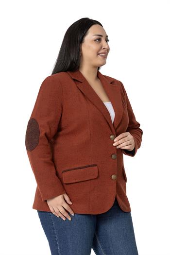 Büyük Beden Dirsekleri Yama Süslemeli Düğme Detaylı Astarlı Blazer Tarçın Ceket