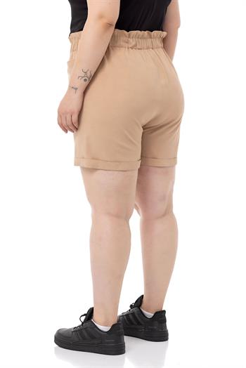 Büyük Beden Düğme Süslemeli Beli Lastikli Cepli Camel Şort