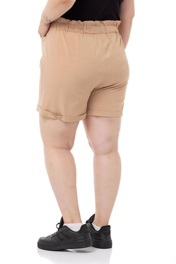 Büyük Beden Düğme Süslemeli Beli Lastikli Cepli Camel Şort