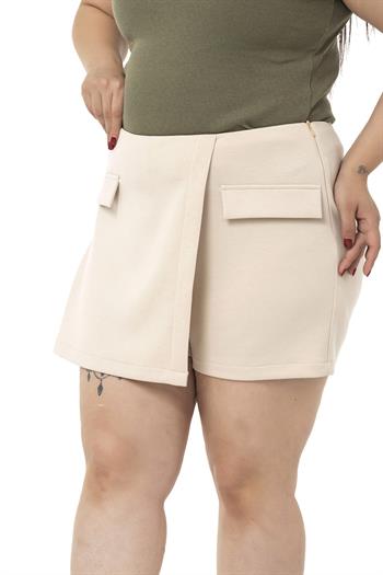 Büyük Beden Etek Görünümlü Yandan Fermuarlı Ekru Şort