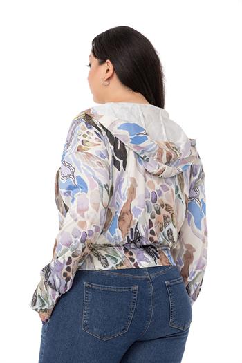 Büyük Beden Fermuar Kapamalı Cepli Kapüşonlu Lila Hırka