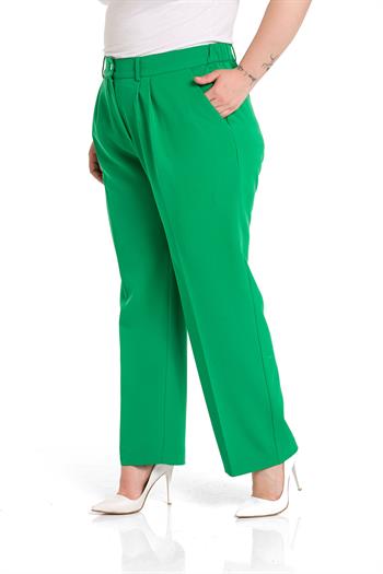 Büyük Beden Geniş Paçalı Arkası Lastikli Kemer Köprülü Yeşil Pantolon