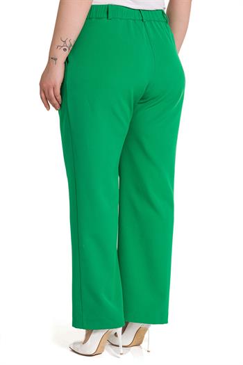 Büyük Beden Geniş Paçalı Arkası Lastikli Kemer Köprülü Yeşil Pantolon
