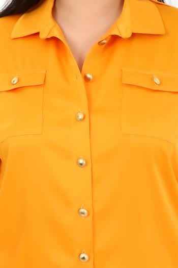Büyük Beden Gold Düğme Detaylı Saten Oranj Gömlek