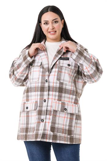 Büyük Beden Gömlek Yaka Dört Cepli Oduncu Model Astarlı Krem Ceket 