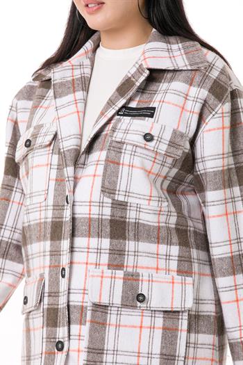 Büyük Beden Gömlek Yaka Dört Cepli Oduncu Model Astarlı Krem Ceket 