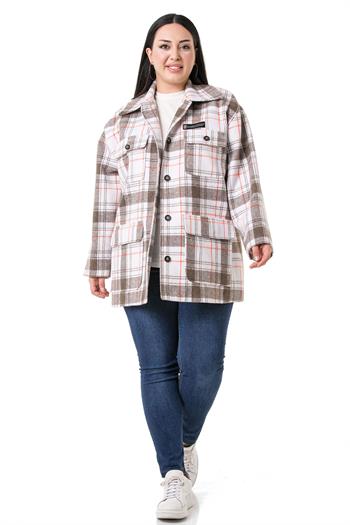 Büyük Beden Gömlek Yaka Dört Cepli Oduncu Model Astarlı Krem Ceket 