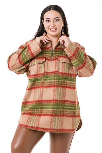 Büyük Beden Gömlek Yaka Fermuar Detaylı Cepli Yırtmaçlı Taba Bluz