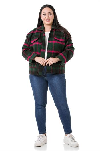 Büyük Beden Gömlek Yaka Fermuarlı Astarlı Kaşe Kısa Yeşil Mont