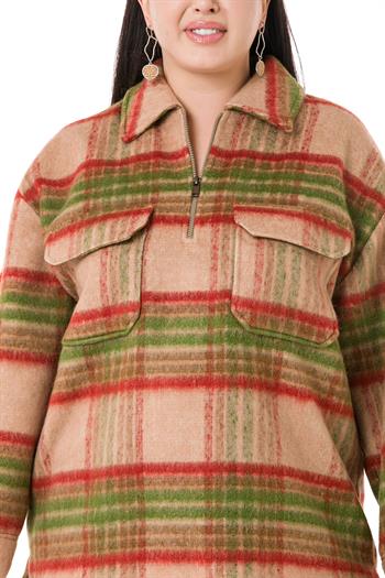 Büyük Beden Gömlek Yaka Fermuar Detaylı Cepli Yırtmaçlı Taba Bluz