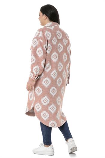 Büyük Beden Gömlek Yaka Geniş Çift Cepli Maksi Boy Pudra Oduncu Gömlek 