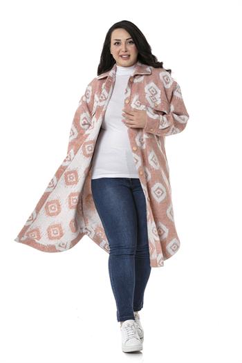 Büyük Beden Gömlek Yaka Geniş Çift Cepli Maksi Boy Pudra Oduncu Gömlek 