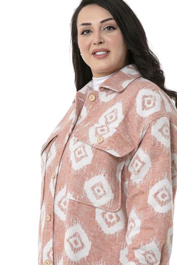 Büyük Beden Gömlek Yaka Geniş Çift Cepli Maksi Boy Pudra Oduncu Gömlek 